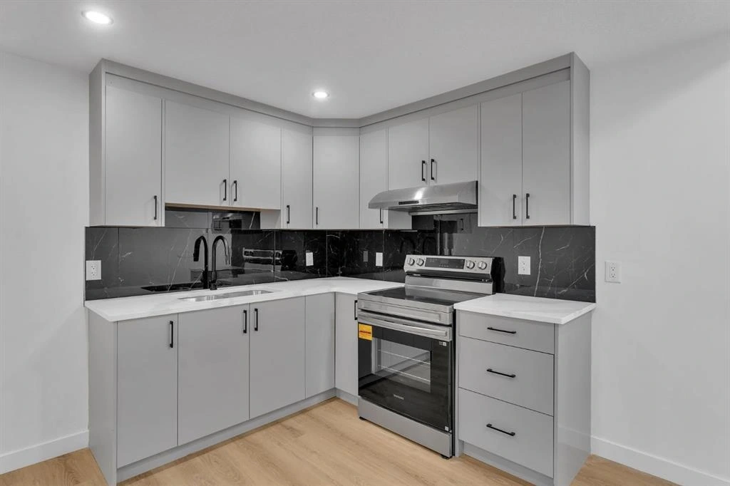 Basement suite kitchen, quartz counters and marble backsplash